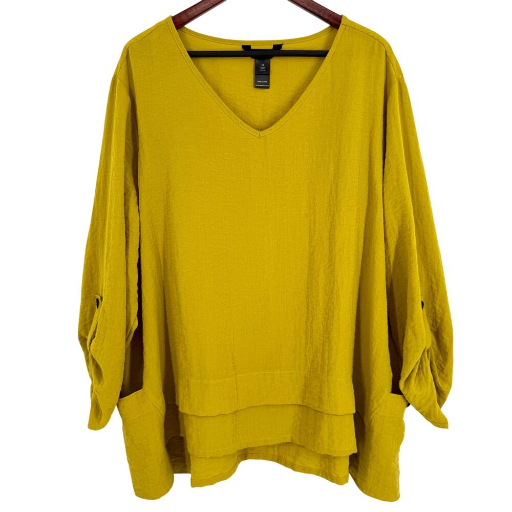 Ali Miles 3X Wearable Art to Wear Mustard Yellow Unique Artsy Blouse Shirt Top